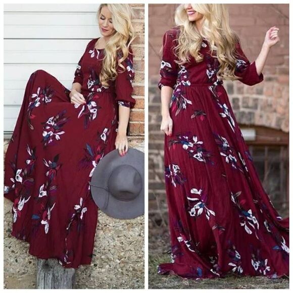 Chicwish Burgundy Red Floral Boho Maxi Dress Size Large - Picture 1 of 12